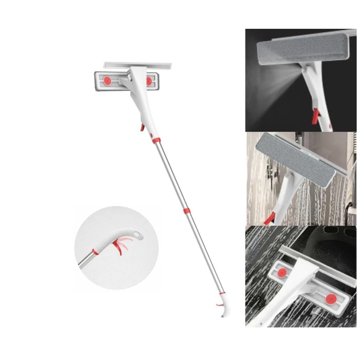Dispozitiv curatat geamuri cu pulverizator integrat, 125 cm, cap 26 cm, functii pulverizare/spalare/uscare, racleta silicon si laveta microfibra, AdCos