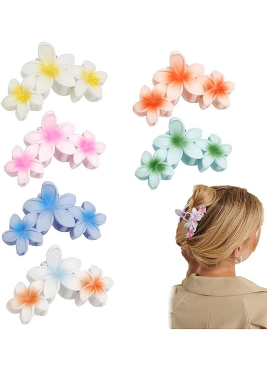 Set 6 agrafe de par cu flori, antiderapante, multicolor, 6 bucati