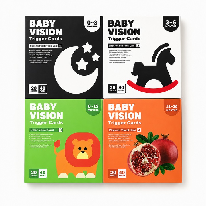 Set 80 carduri vizuale pentru bebelusi, 160 imagini, stimulare senzoriala si cognitiva, 0–36 luni