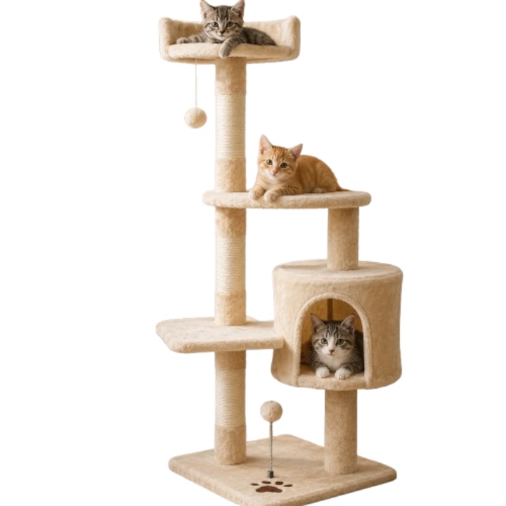 Ansamblu de Joaca pentru Pisici din Lemn Premium, Centru de Activitate Multifunctional cu Platforme, Stalpi pentru Ascutit Ghearele, Culcus Confortabil si Zone de Catarat, Stabil si Rezistent, Mobilier Modern pentru Pisici de Interior