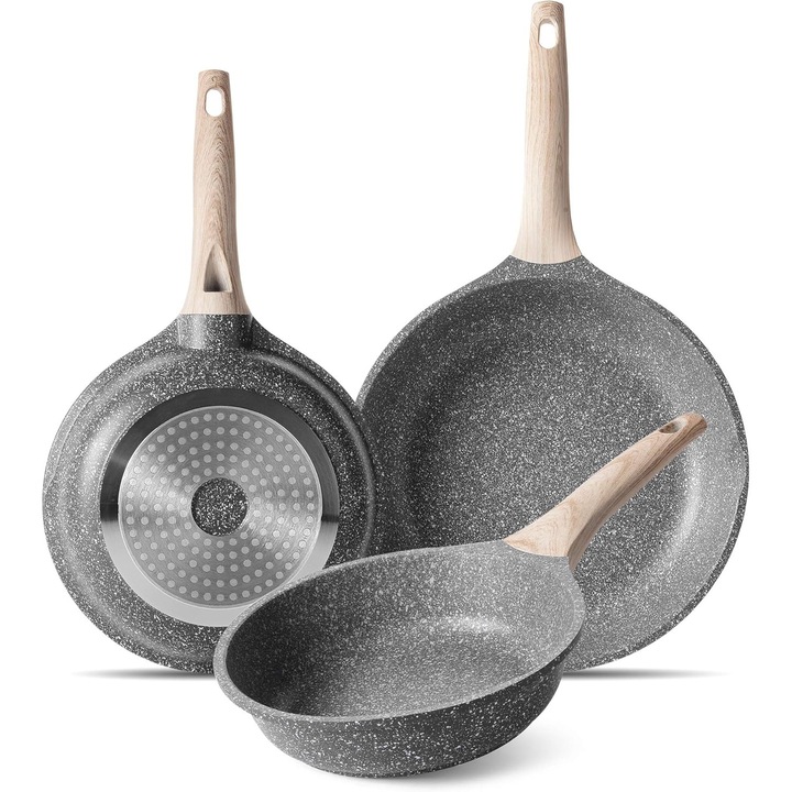Set 3 Tigai Antiaderente din Granit, ZUOFENG, 20, 24, 28 cm – Compatibil cu Inductie, Gaz si Electric, Fara PFOA, Rezistente la Zgarieturi, Maner Ergonomic Aspect Lemn
