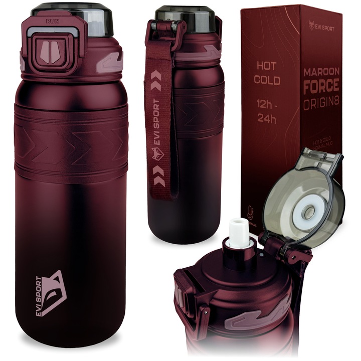 Термочаша evi sport storm mug, За кафе, Чай, Херметична, Противоплъзгаща, Zero-tilt система, Многократна сламка, Поддържа температура 12-24ч, Устойчива на течове, Неръждаема стомана 316, 700 мл, Бордо
