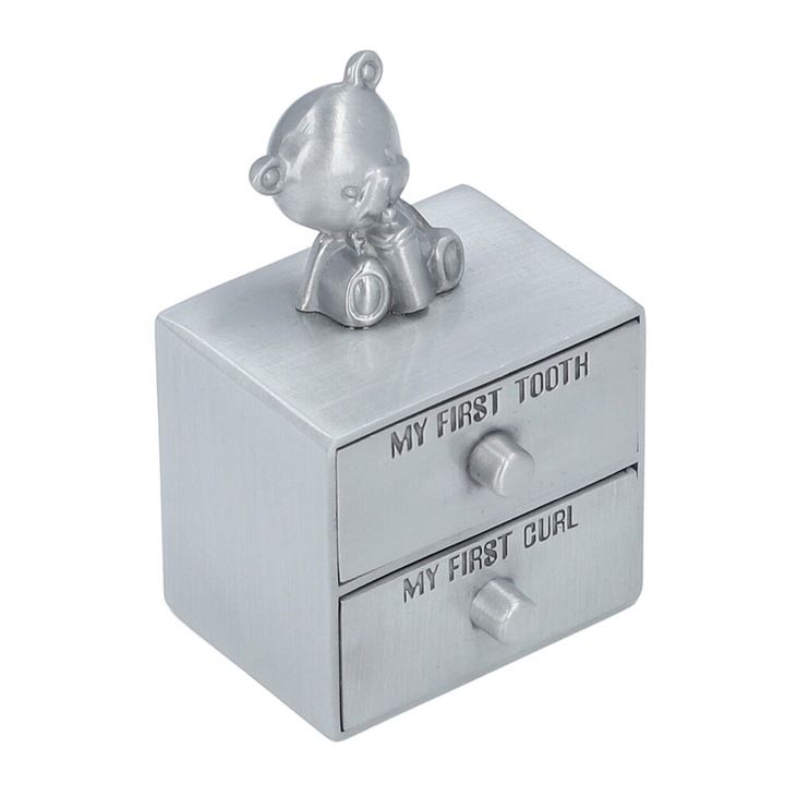 Cutie amintiri pentru dintisor si suvita bebelus, design cu doua sertare, decor ursulet, interior catifea albastra