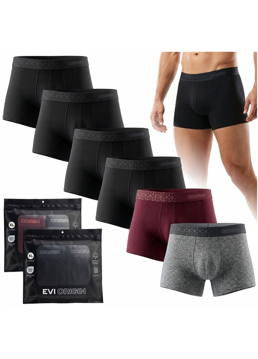 6 db EVI ORIGIN ECHO Férfi Boxer, 4x Midnight Sky & 1x Urban Fog & 1x Royal Merlot, XL méret, 95% Prémium Fésült Pamut, Oldalsó Varrás Nélkül, OEKO-TEX, Fekete/Bordó/Szürke