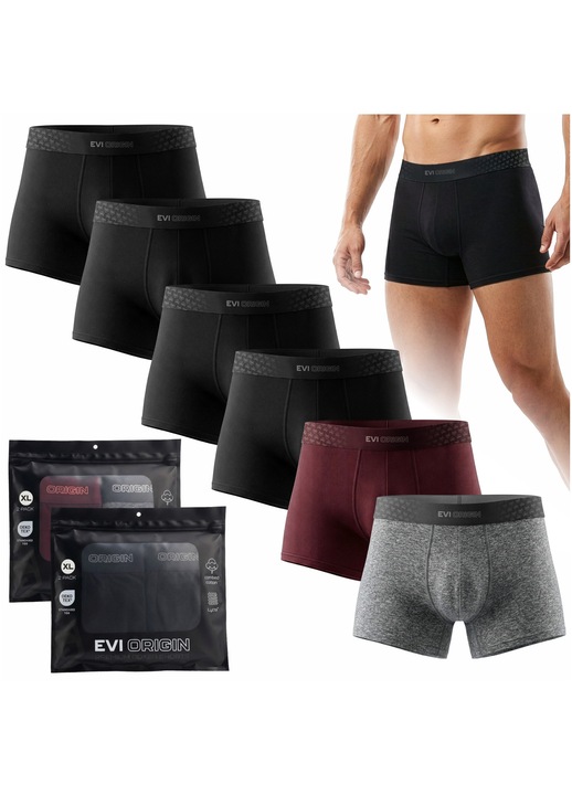 6 db Férfi Boxer Szett EVI ORIGIN ICON 4x Midnight Sky & 1x Urban Fog & 1x Royal Merlot, XL méret, Prémium Fésült Pamut 95%, Oldalsó varratok nélkül, OEKO-TEX, Fekete/Bordó/Szürke