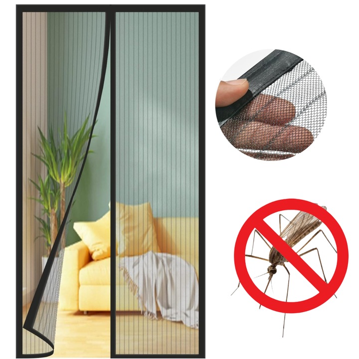 Plasa magnetica anti-tantari, Went, 100 x 200 cm, Ranforsata, Sistem de inchidere cu magnet, Instalare usoara fara gaurire, Functionare silentioasa, Potrivita pentru copii si animale de companie, Durabila, Universala, Neagra cu dungi decorative