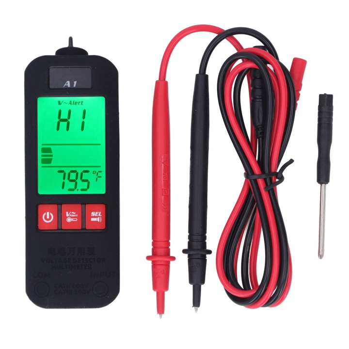 Detector tensiune digital multimetru, identificare cablu activ, alarma tripla, ecran LCD, portabil