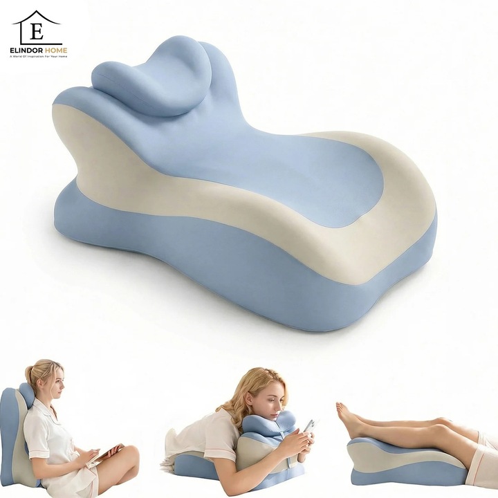 Perna Ergonomica Elindor®, Perna Wedge pentru Circulatie si Recuperare, Suport pentru Genunchi, Picioare si Trunchi, cu Spuma cu Memorie, Husa Textila, 55 × 39 × 30 cm, Alb, Albastru