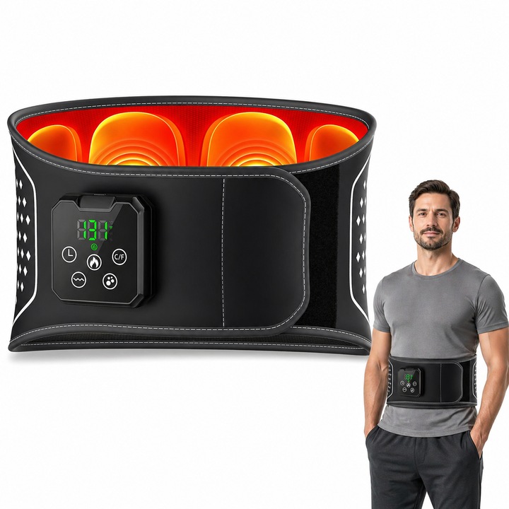 Centura Masaj Lombar Vigaldo™, 3in1 Decompresie cu Aer, Vibratii si Incalzire, 4 Airbaguri, Portabila, pentru Talie si Spate, Dimenisune ajustabila, Pentru Relaxare si Dureri, Acasa sau la Birou, Neagra