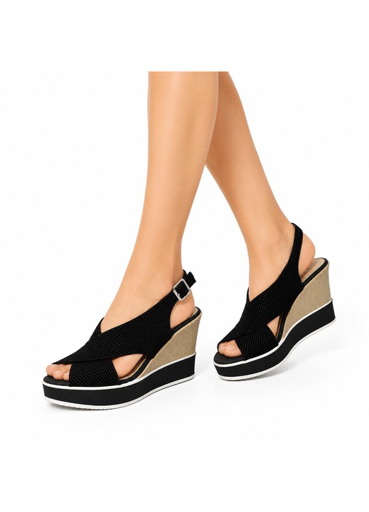 Sandale dama tip wedge negre cu barete X, toc 10 cm, marimea 39 EU