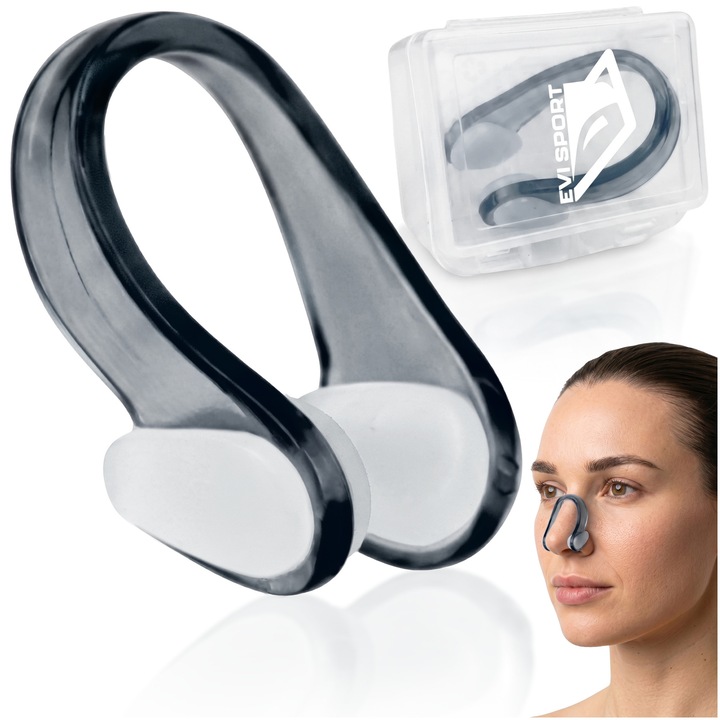 Clips Nazal pentru Inot EVI SPORT AquaSeal, Clema Nas din Silicon Moale si Polimer Flexibil, Design Ergonomic Anti-Alunecare, Protectie Sinusuri, Include Cutie de Depozitare Igienica, Negru