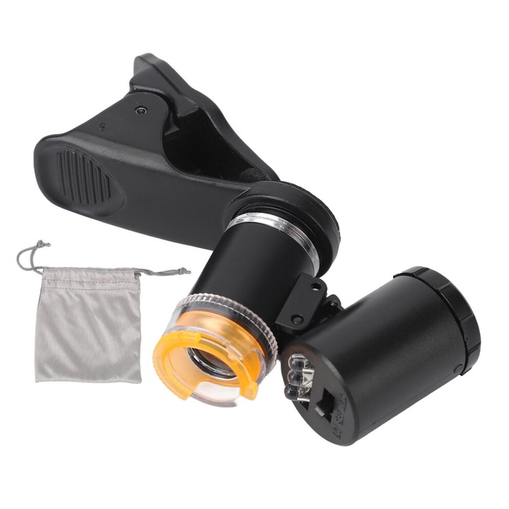 Lupa portabila cu LED si UV, sticla dubla optica, rezistenta la zgarieturi, clip fixabil, 60x