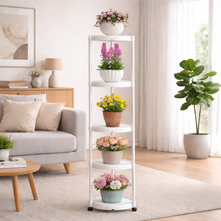 Raft flori, 4 niveluri, alb, 132x31cm, cu tavite pentru apa, etajera verticala