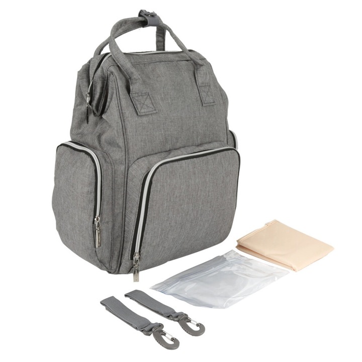 Tartós pelenkázó hátizsák, vízálló anyag, babakocsi pántok, hőszigetelt zseb, laptoptartó, pelenkázó alátét, fekete