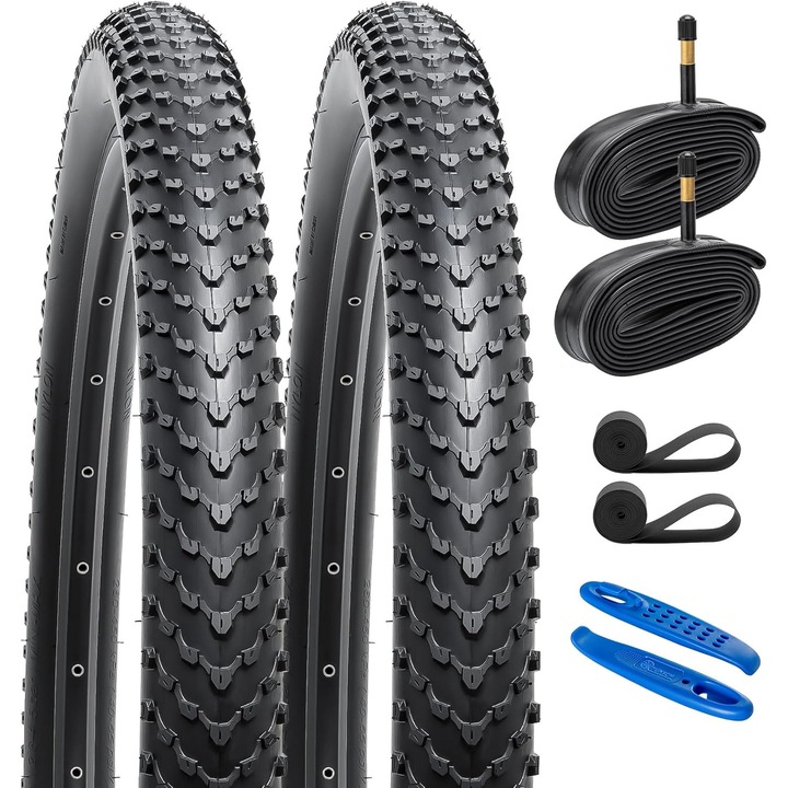 2 db kerékpár gumiabroncs 29 x 2.40 (60-622) + 2 db autós szelep (AV) belső gumi + 2 db felniszalag, komplett Mountain Bike MTB csomag