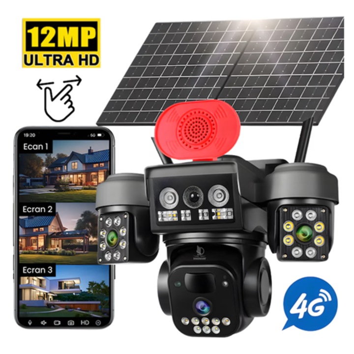 Camera de Supraveghere Exterior, cu Panou Solar 16W, 4G, Ultra HD, 12MP, Vedere 355°, Acumulator 8000 mAh, Night Vision Color, Senzor Miscare AI, IP66