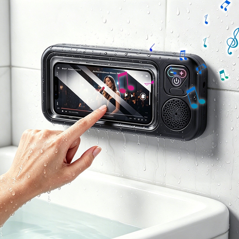 Boxa portabila 2 in 1, Suport telefon, Bluetooth 5.3,12h, IPX5,1000mAh,360°, USB, Audio spatial, Ecran tactil inteligent, Lipire pe perete fara urme,24.5×4.4×11cm, Pentru baie, Bucatarie, Dormitor, Toaleta, Piscina si alte spatii, Negru