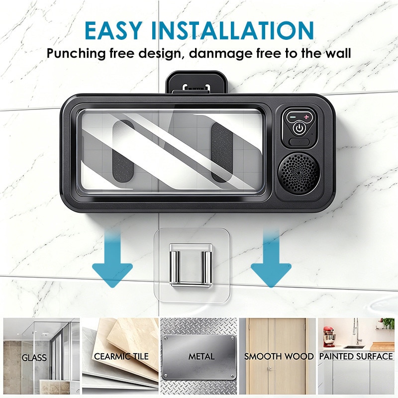 Boxa portabila 2 in 1, Suport telefon, Bluetooth 5.3,12h, IPX5,1000mAh,360°, USB, Audio spatial, Ecran tactil inteligent, Lipire pe perete fara urme,24.5×4.4×11cm, Pentru baie, Bucatarie, Dormitor, Toaleta, Piscina si alte spatii, Alb