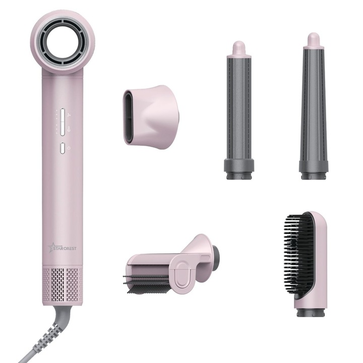 Uscator de par profesional STARCREST SHD-6-1PK, 1300 W, 6 Accesorii incluse, 3 Trepte de viteza, 3 Trepte de temperatura, Buton de aer rece, Roz