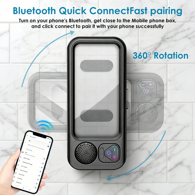 Boxa portabila 2 in 1, Suport telefon, Bluetooth 5.3,12h, IPX5,1000mAh,360°, USB, Audio spatial, Ecran tactil inteligent, Lipire pe perete fara urme,24.5×4.4×11cm, Pentru baie, Bucatarie, Dormitor, Toaleta, Piscina si alte spatii, Alb