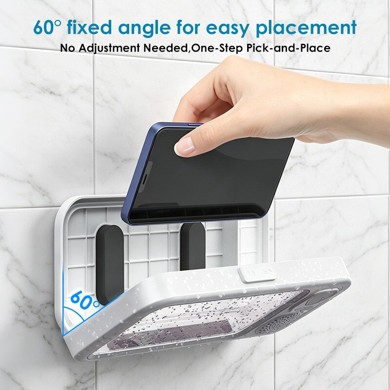 Boxa portabila 2 in 1, Suport telefon, Bluetooth 5.3,12h, IPX5,1000mAh,360°, USB, Audio spatial, Ecran tactil inteligent, Lipire pe perete fara urme,24.5×4.4×11cm, Pentru baie, Bucatarie, Dormitor, Toaleta, Piscina si alte spatii, Alb