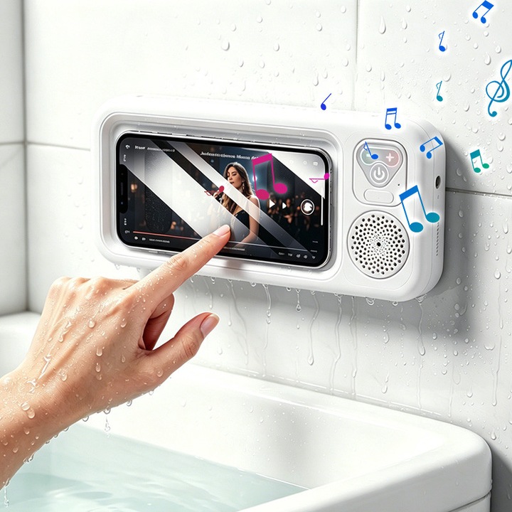 Boxa portabila 2 in 1, Suport telefon, Bluetooth 5.3,12h, IPX5,1000mAh,360°, USB, Audio spatial, Ecran tactil inteligent, Lipire pe perete fara urme,24.5×4.4×11cm, Pentru baie, Bucatarie, Dormitor, Toaleta, Piscina si alte spatii, Alb