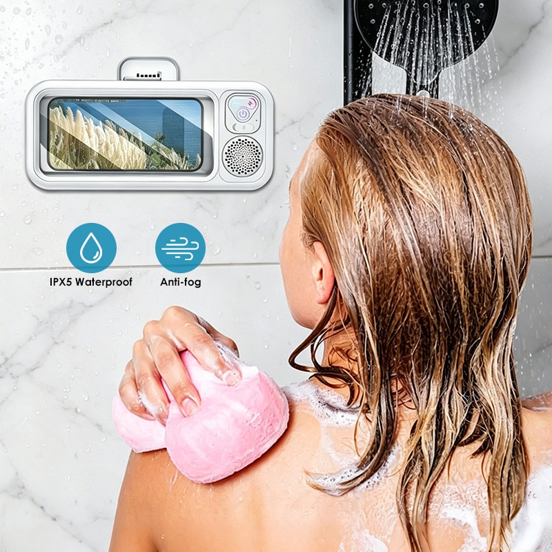 Boxa portabila 2 in 1, Suport telefon, Bluetooth 5.3,12h, IPX5,1000mAh,360°, USB, Audio spatial, Ecran tactil inteligent, Lipire pe perete fara urme,24.5×4.4×11cm, Pentru baie, Bucatarie, Dormitor, Toaleta, Piscina si alte spatii, Alb