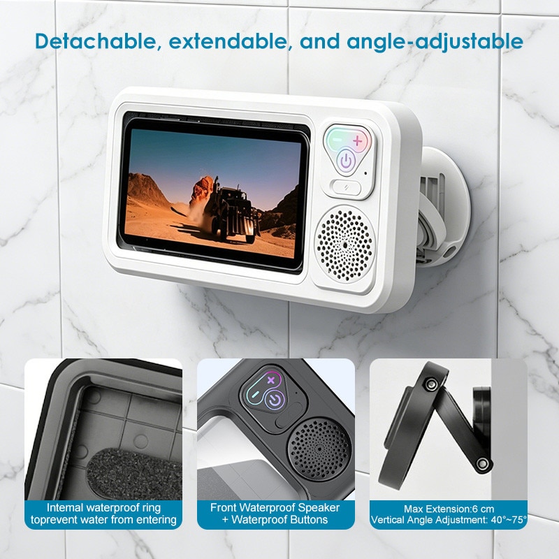 Boxa portabila 2 in 1, Suport telefon, Bluetooth 5.3,12h, IPX5,1000mAh,360°, USB, Audio spatial, Ecran tactil inteligent, Lipire pe perete fara urme,24.5×4.4×11cm, Pentru baie, Bucatarie, Dormitor, Toaleta, Piscina si alte spatii, Alb