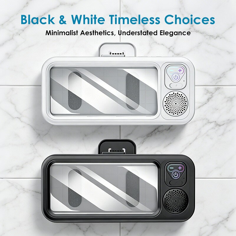 Boxa portabila 2 in 1, Suport telefon, Bluetooth 5.3,12h, IPX5,1000mAh,360°, USB, Audio spatial, Ecran tactil inteligent, Lipire pe perete fara urme,24.5×4.4×11cm, Pentru baie, Bucatarie, Dormitor, Toaleta, Piscina si alte spatii, Alb