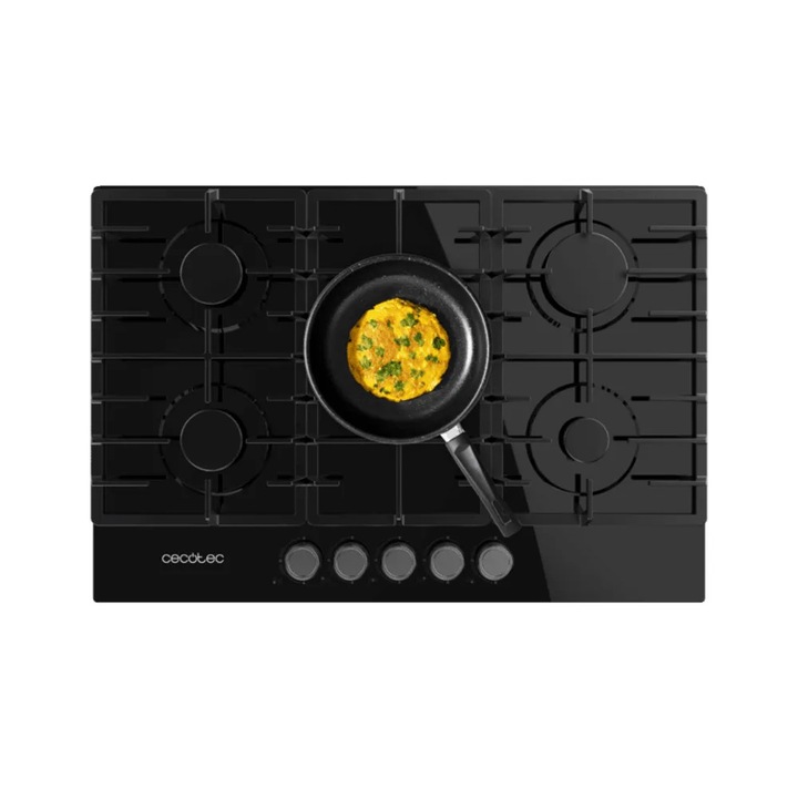 Cecotec beépíthető gázfőzőlap, Bolero Squad GN 5200F, 75 cm széles, 11 kW teljesítmény, földgáz/átalakító készlet mellékelve, 5 égőfej, 1 WOK 3.5 kW, tömör öntöttvas rácsok, forgatógombok, elektromos gyújtás, biztonsági szelep, fekete