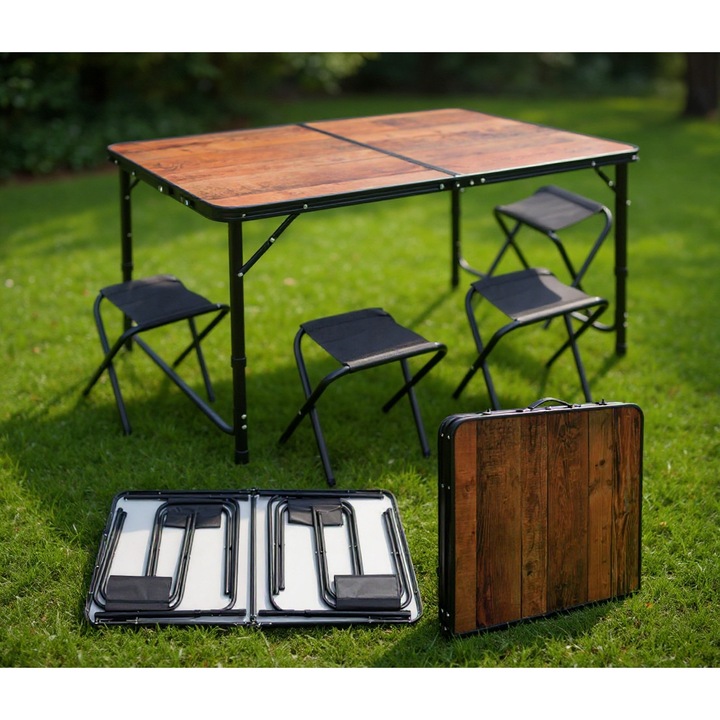 Set pliabil Masa camping tip valiza + 4 scaune, reglabila 3 trepte, compacta pentru gradina, terasa si picnic, blat aspect lemn, negru