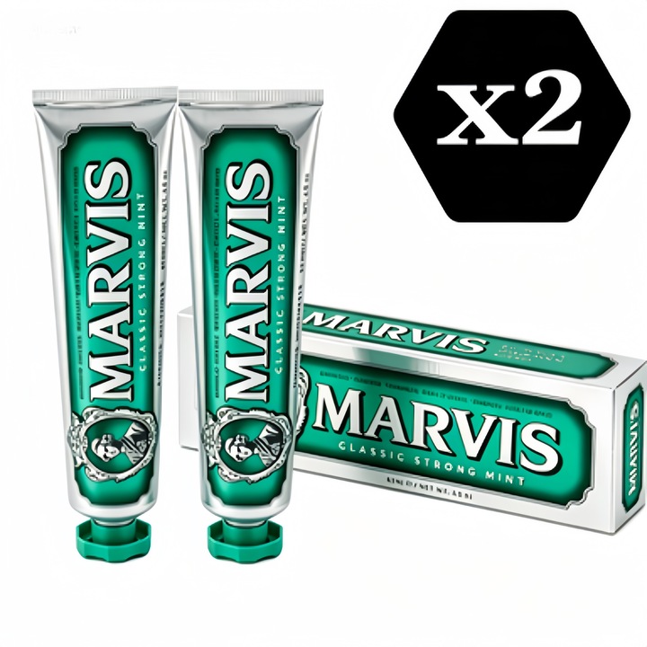 Комплект от 2 броя Паста за зъби Marvis Classic Strong Mint, 85 мл, интензивен ментов вкус, първокласна дентална хигиена
