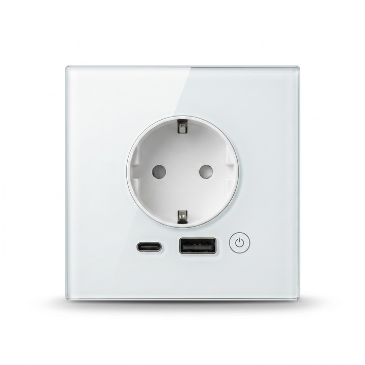 Priza smart de perete, Wi-Fi, 2 x Porturi USB si Type-C, Incarcare rapida 70W, Control vocal Alexa si Google Assistant, Programare, Standard UE
