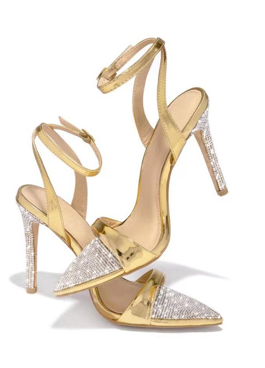 Sandale dama, toc stiletto, casual, auriu, cauciuc, 39 EU
