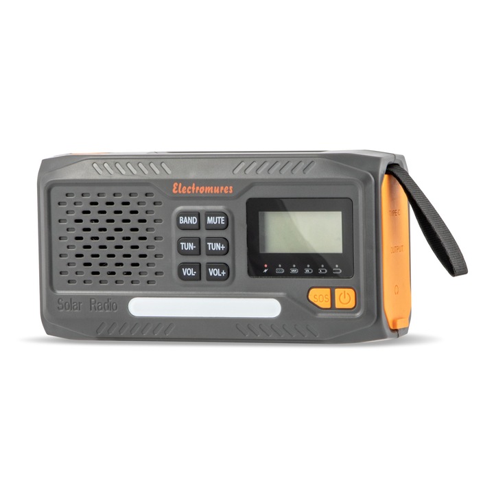 Radio portabil de urgenta/supravietuire/camping, Electromures EM 1044, AM/FM, Incarcare solara si dinam, Lanterna LED 3 moduri, Alarma S.O.S 110dB, Power bank 4000 mAh, Ecran LCD, Culoare Gri