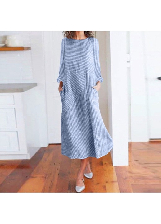 Rochie lunga casual cu imprimeu dungat, maneca lunga, guler rotund, buzunar, albastru, fabricata din in, 2XL INTL