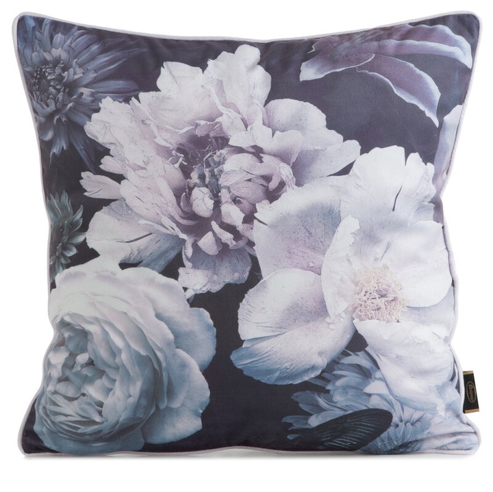 Husa perna decorativa, Eurofirany, Velvet 17, 45x45 cm, mov, negru, model floral, fermoar, poliester
