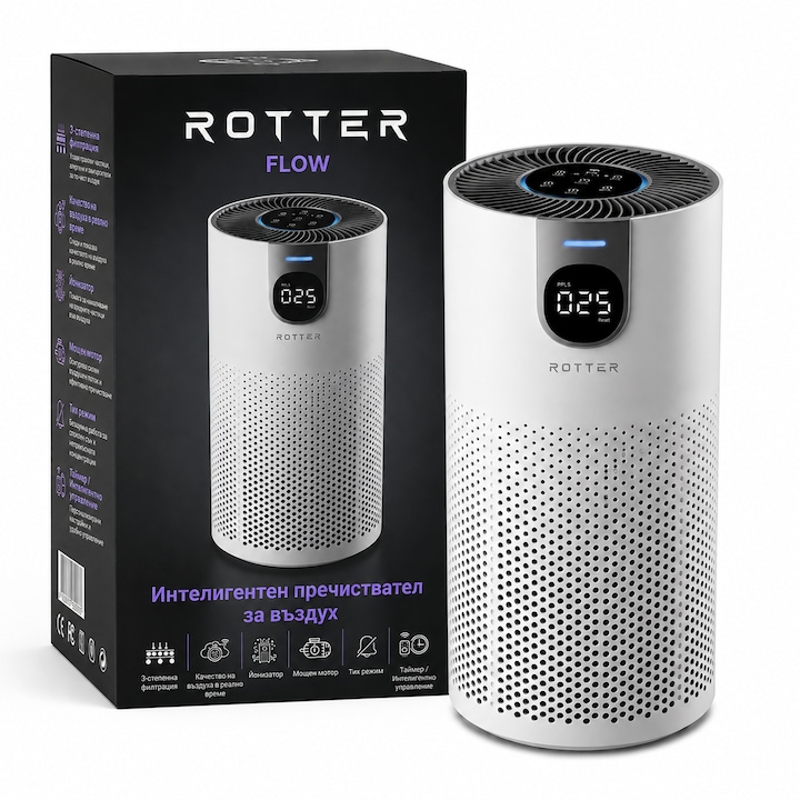 Пречиствател за въздух ROTTER® FLOW, пречиствател с йонизация, пречиствател с HEPA филтър и йонизация, HEPA, 3 нива на пречистване и автофункция, детско заключване, покритие 15-25 m², CADR 180-250 m³/h, LED дисплей, таймер, тих режим, 20W, бял
