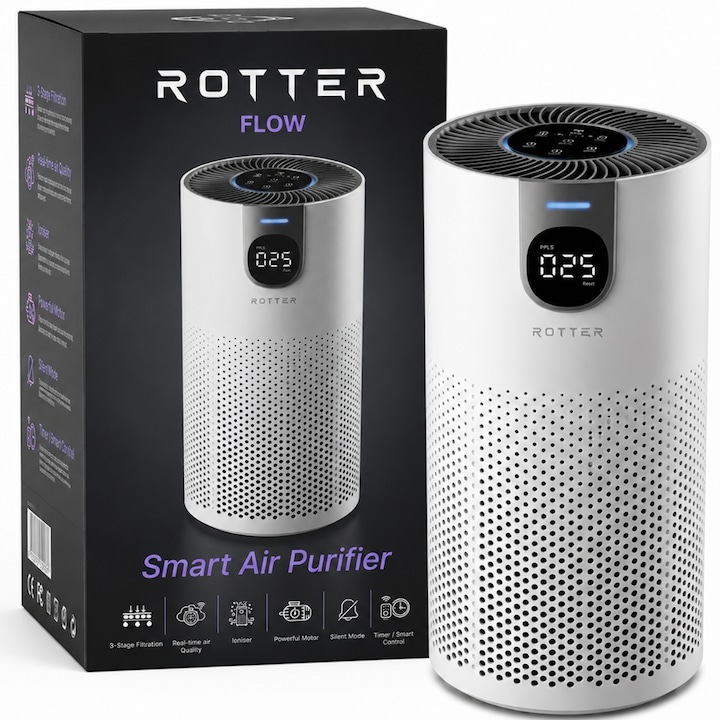 ROTTER® FLOW légtisztító, ionizációs légtisztító, HEPA szűrős és ionizációs légtisztító, HEPA, 3 tisztítási szint és auto funkció, gyermekzár, 15-25 m² lefedettség, CADR 180-250 m3/h, LED kijelző, időzítő, csendes üzemmód, 20W, Fehér