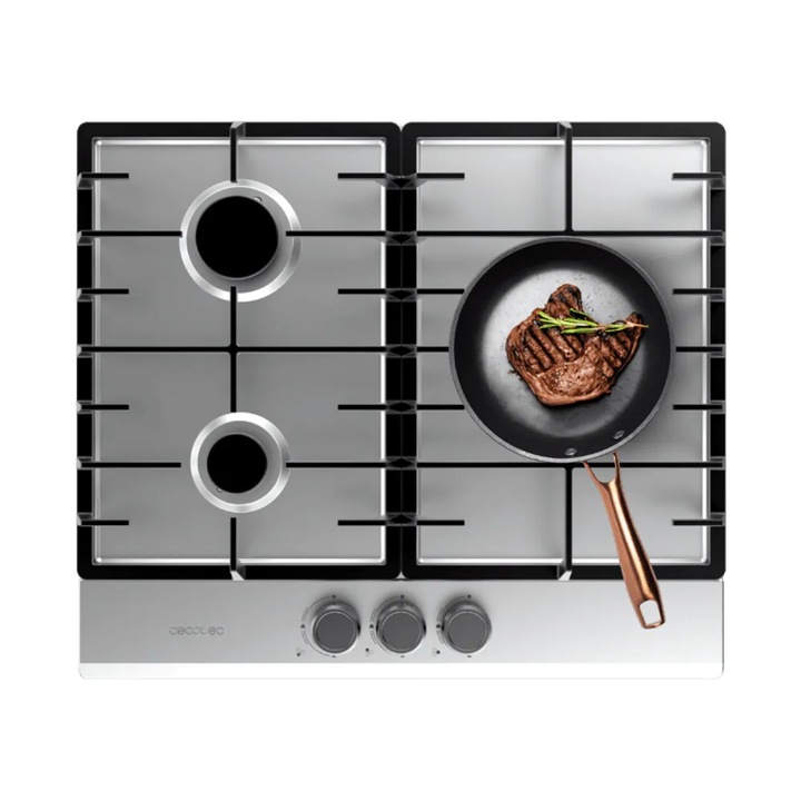 Plita incorporabila pe gaz Cecotec, Bolero Squad GN 3200F, latime 58 cm, putere 6.25 kW, alimentare gaz natural/kit conversie inclus, 3 arzatoare, 1 WOK 3.5 kW, grilaje din fonta solida, comutatoare rotative, aprindere electrica, valva de siguranta, inox