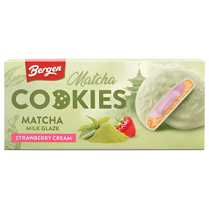 Cookie Bergen Matcha with Strawberry Filling, 96 g – Biscuiti fini cu matcha si crema de capsuni