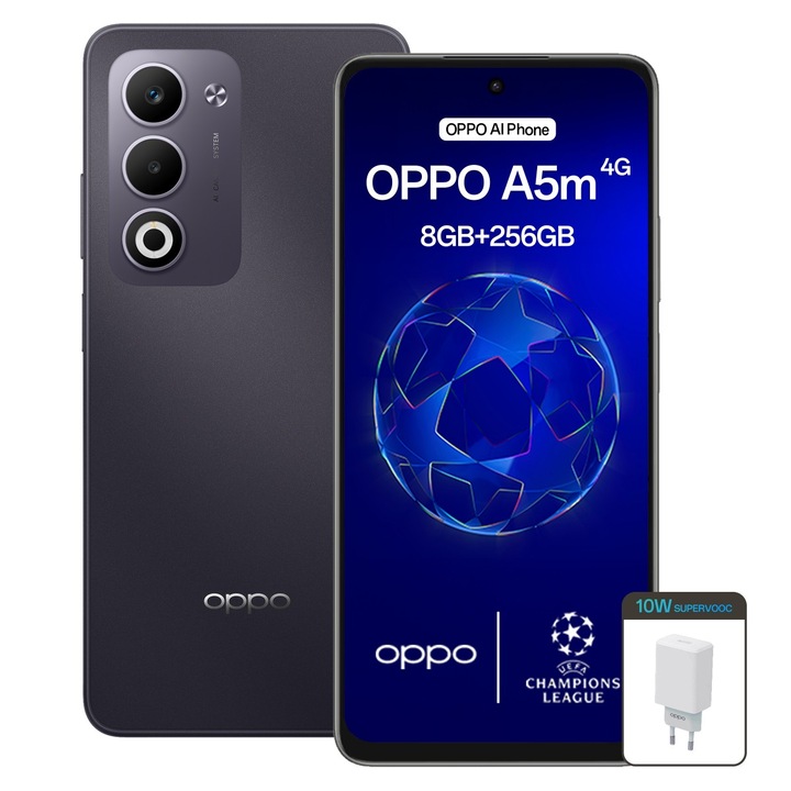 Telefon mobil OPPO A5m, 8GB RAM, 256GB ROM, 4G, Dark Purple, 256GB Stocare Mare + OPPO Power Adaptor 10W