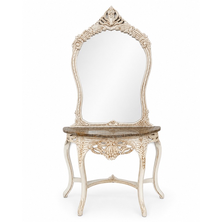 Consola baroc cu oglinda, lemn sculptat manual, alb patinat, blat marmorat, decor elegant