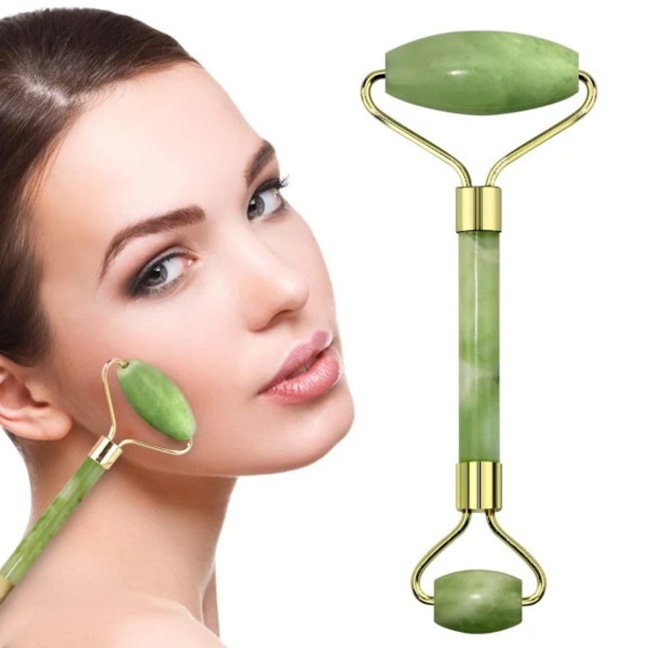 Role de masaj facial din jad natural, set 14x6x2cm, verde