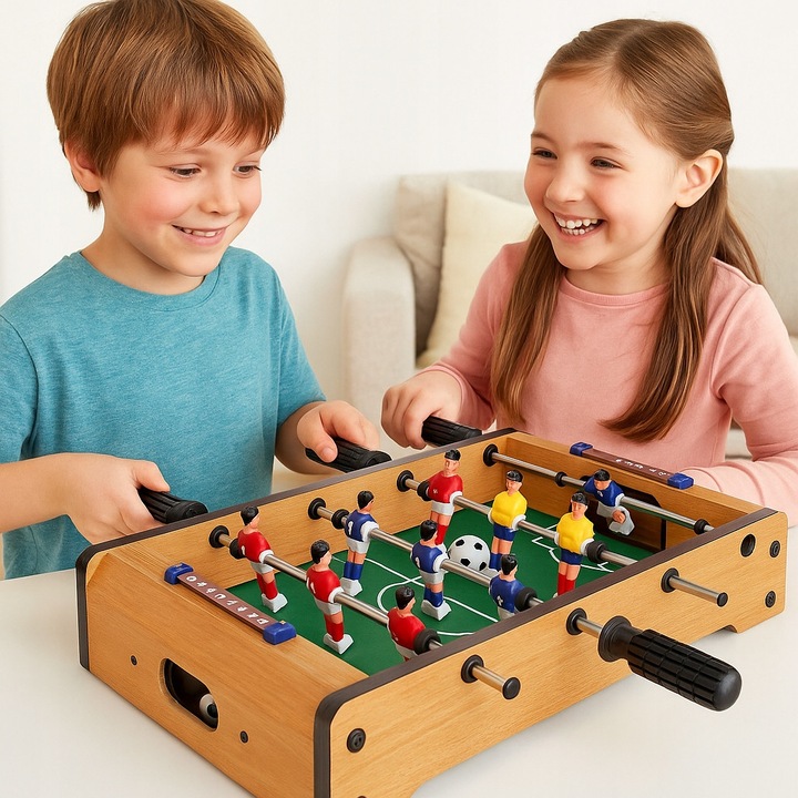 Masa de fotbal Green Lane mini, lemn, 2 jucatori, 12 figurine, negru-alb, compacta