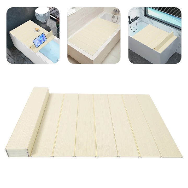 Capac pentru cada, PVC pliabil 70×160×0, 65 cm, Mentine Caldura, Usor de Depozitat, Margini Nete, Bej