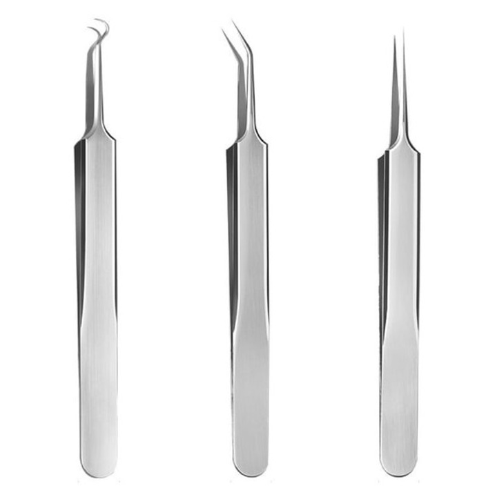 3 darabos mitesszer eltávolító csipesz készlet, rozsdamentes acél, ezüst, 11.6x1cm