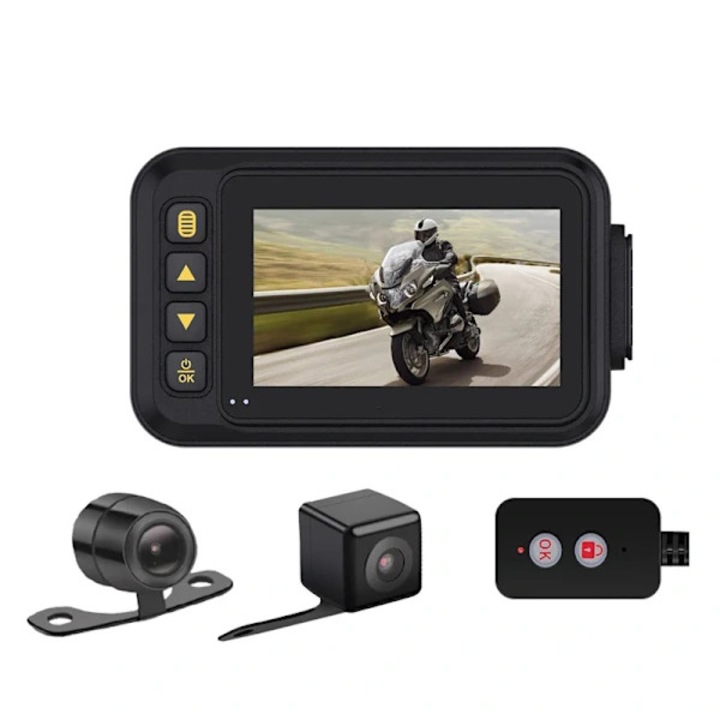 Camera moto duala, 720P, ecran 7.6cm, rezistenta la apa, unghi 120°, fata si spate, telecomanda cablu