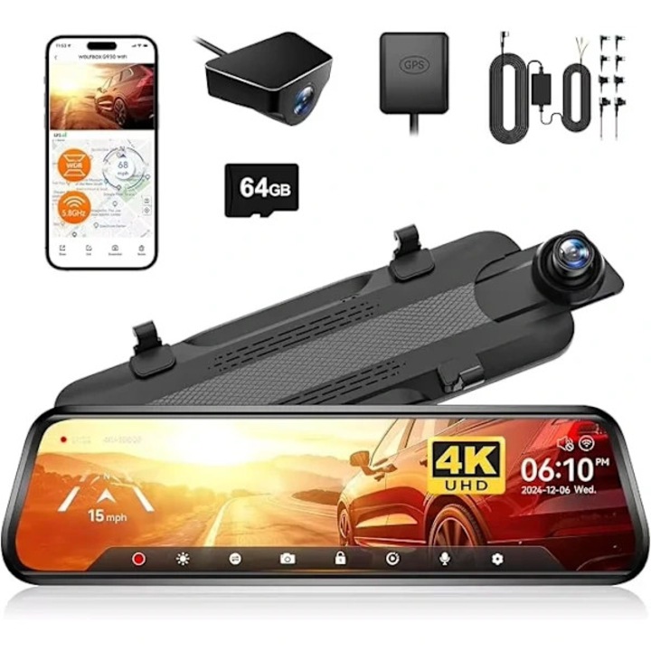 4K autós tükör kamera GPS-szel és 24 órás parkolásfigyeléssel, 25cm érintőképernyő, ezüst, 32GB