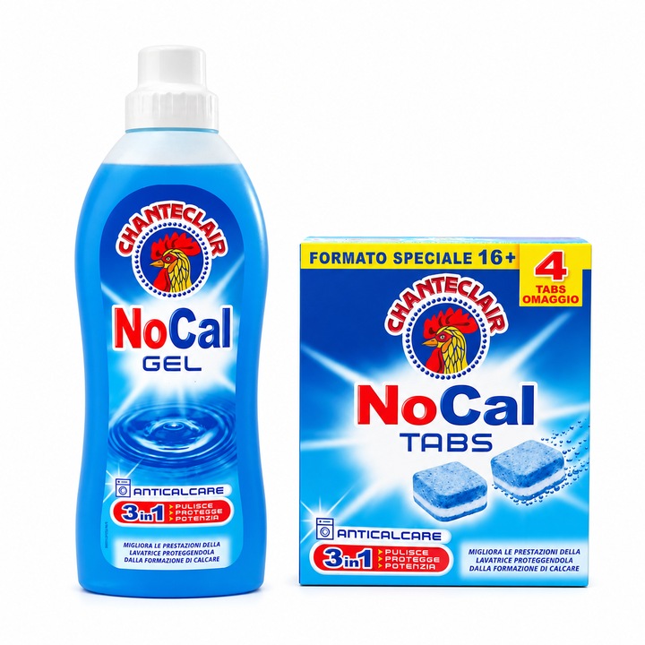 Set Chanteclair NoCal Anticalcar pentru masina de spalat rufe – Gel 750 ml + Tabs 16+4 buc, protectie impotriva calcarului, 3 in 1